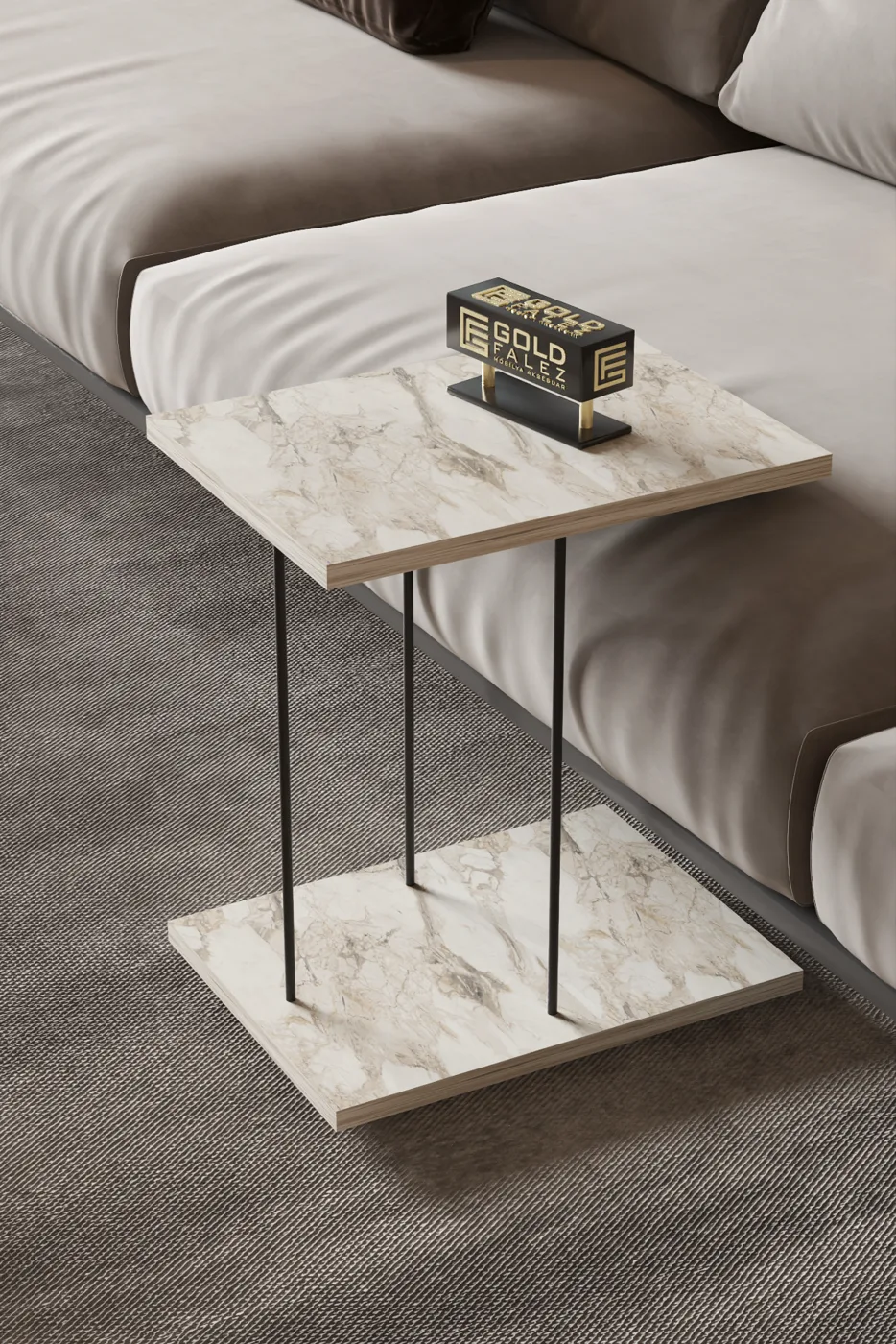 Rectangular Rolling Laptop Side Table - White Marble Effect