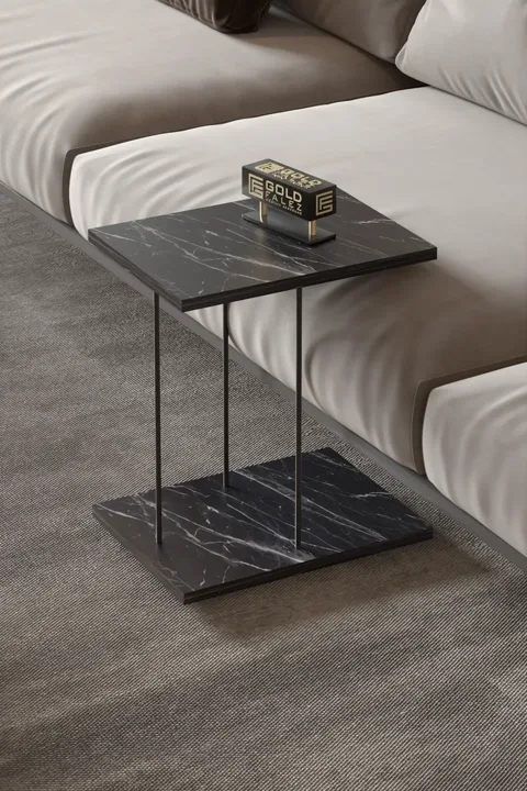 Rectangular Rolling Laptop Side Table - Black Marble Effect