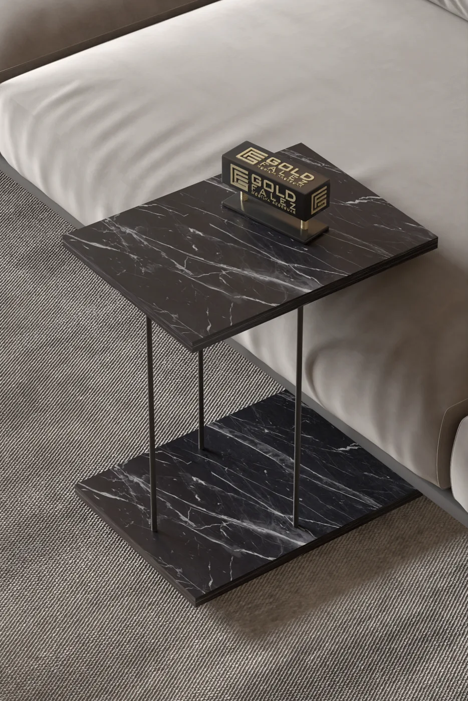 Rectangular Rolling Laptop Side Table - Black Marble Effect