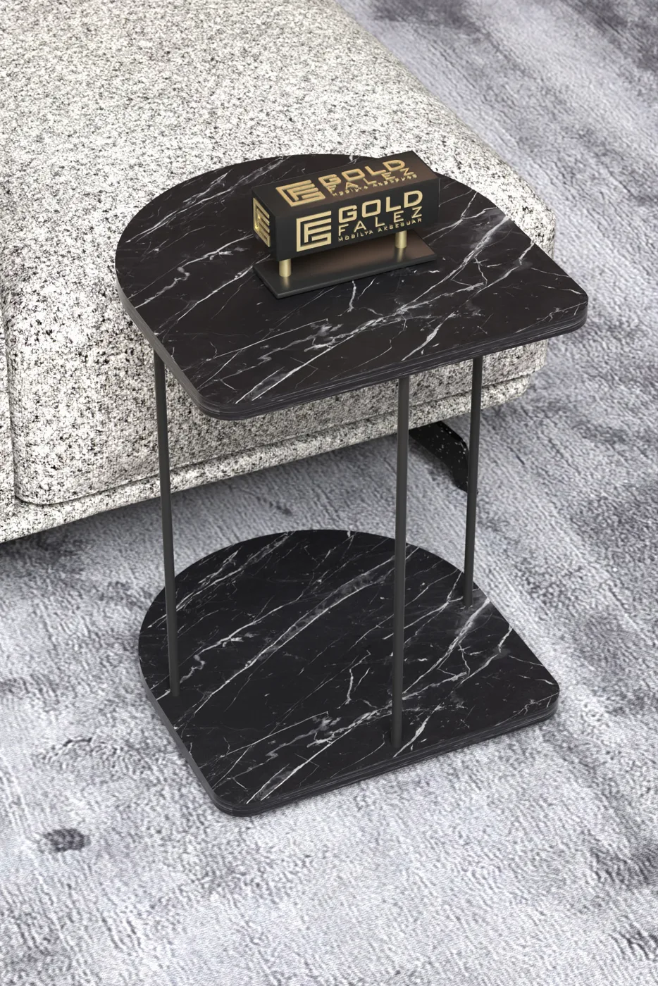 Oval Rolling Side Table - Black Marble Effect