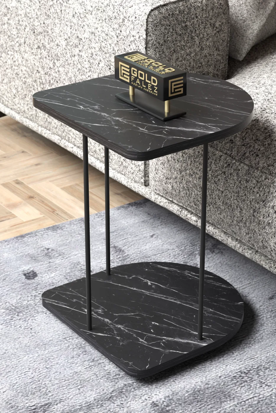 Oval Rolling Side Table - Black Marble Effect