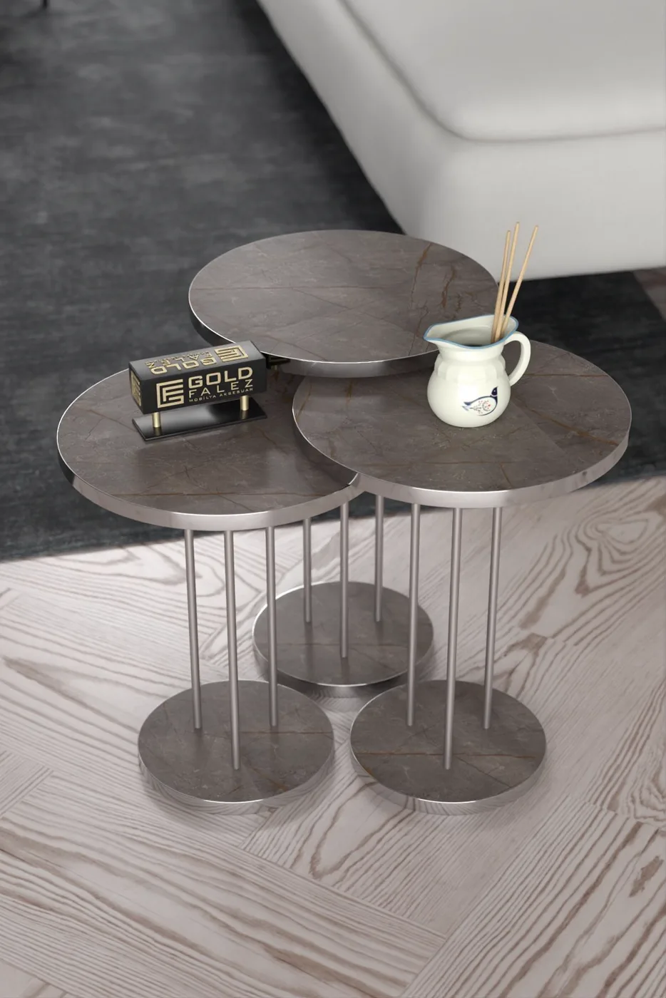 Terra Gold Round Coffee & Nesting Table Set - Silver Gordion