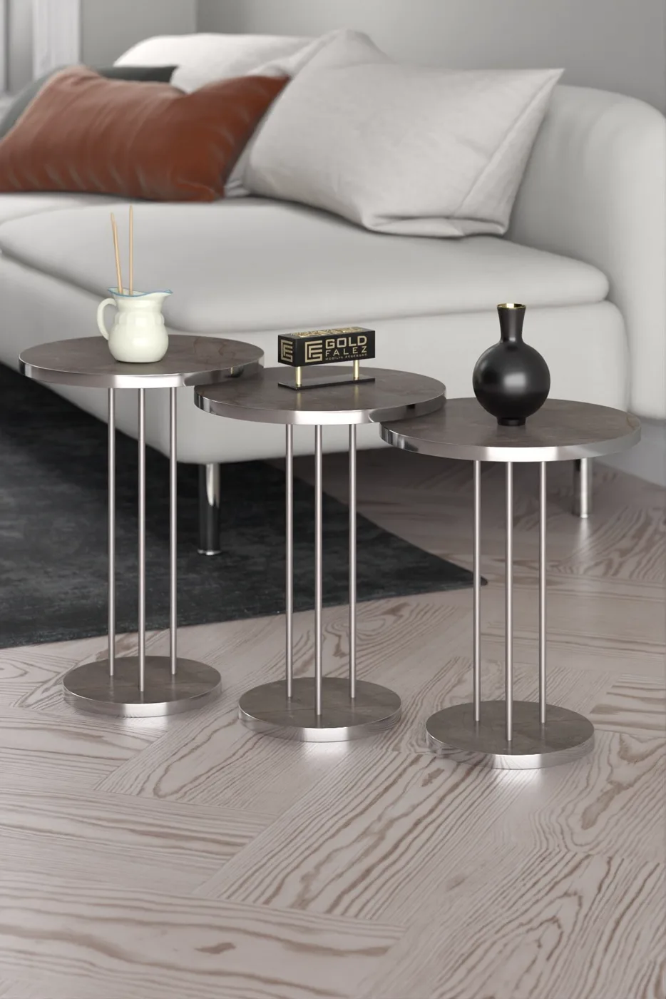 Terra Gold Round Coffee & Nesting Table Set - Silver Gordion