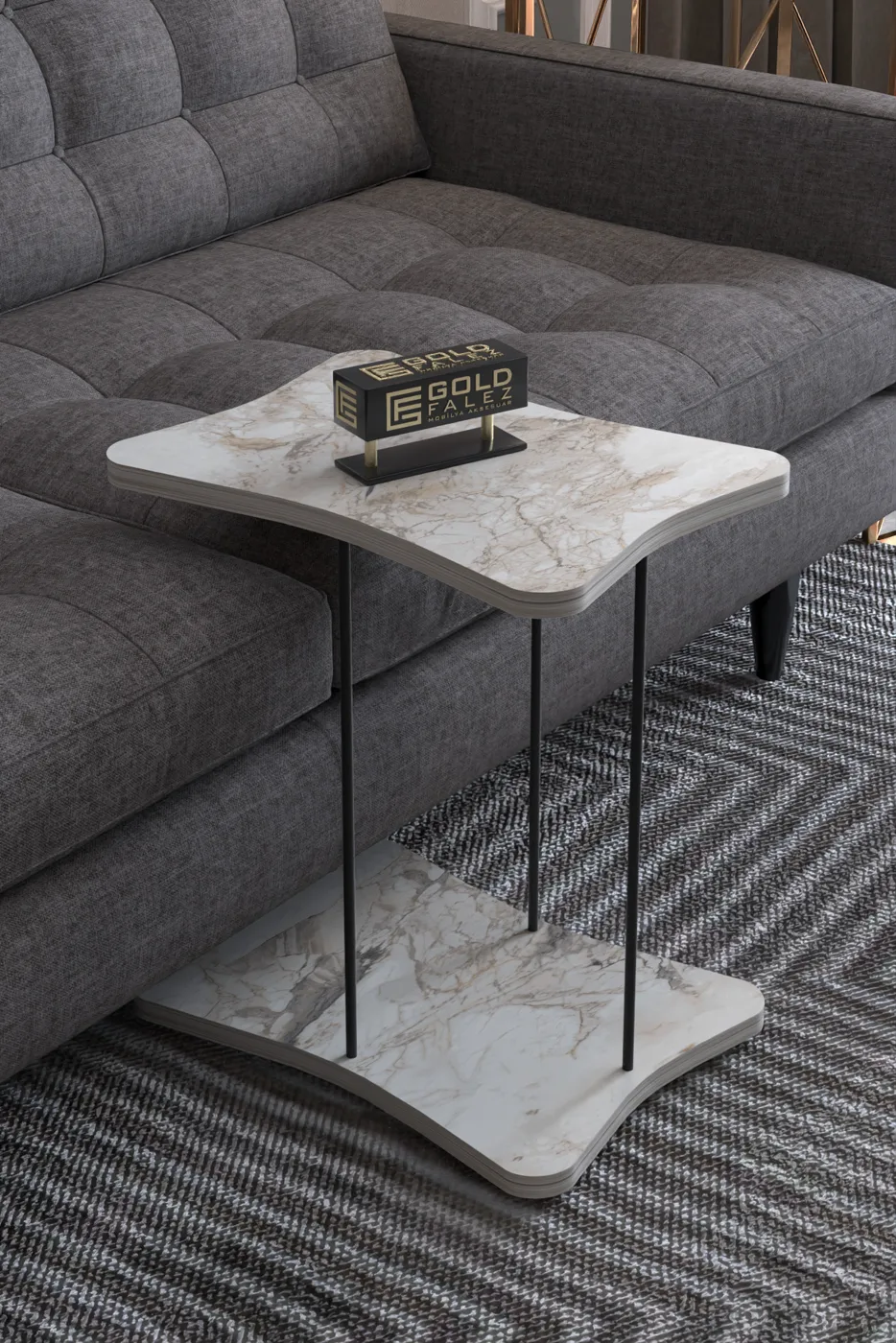 Rectangular Rolling Side Table - White Marble Effect