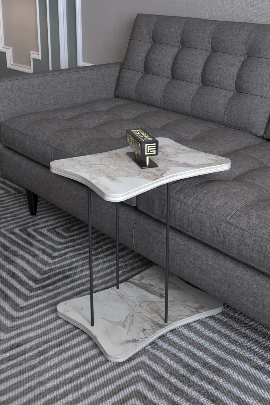 Rectangular Rolling Side Table - White Marble Effect