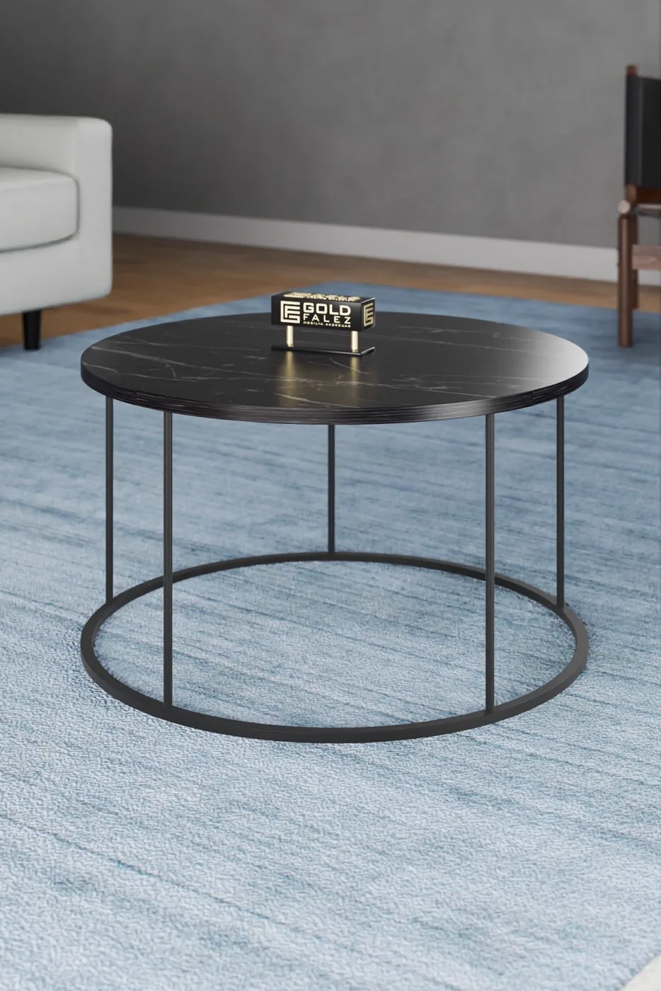 Terra Round Coffee Table Black Metal Legs - Black Marble Effect
