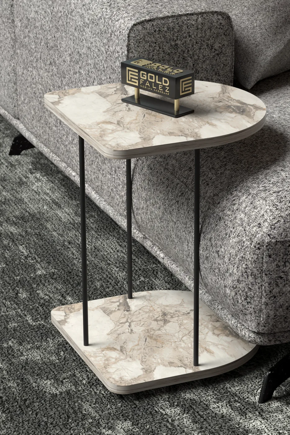 Oval Rolling Side Table - White Marble Effect