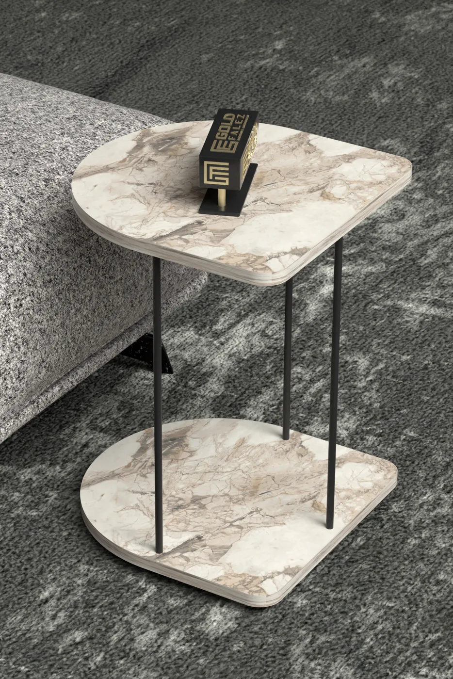 Oval Rolling Side Table - White Marble Effect