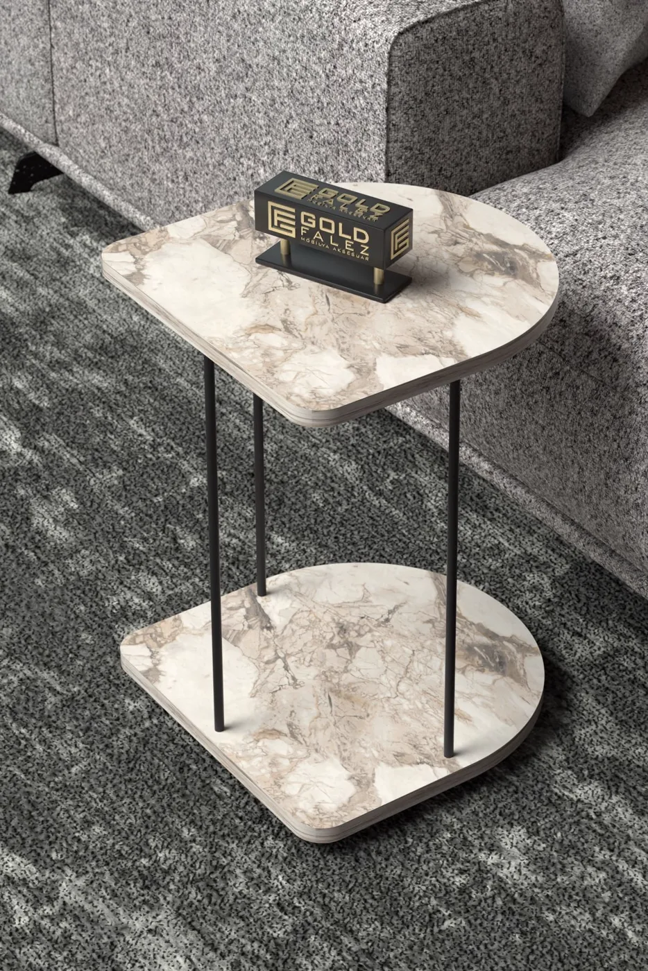 Oval Rolling Side Table - White Marble Effect