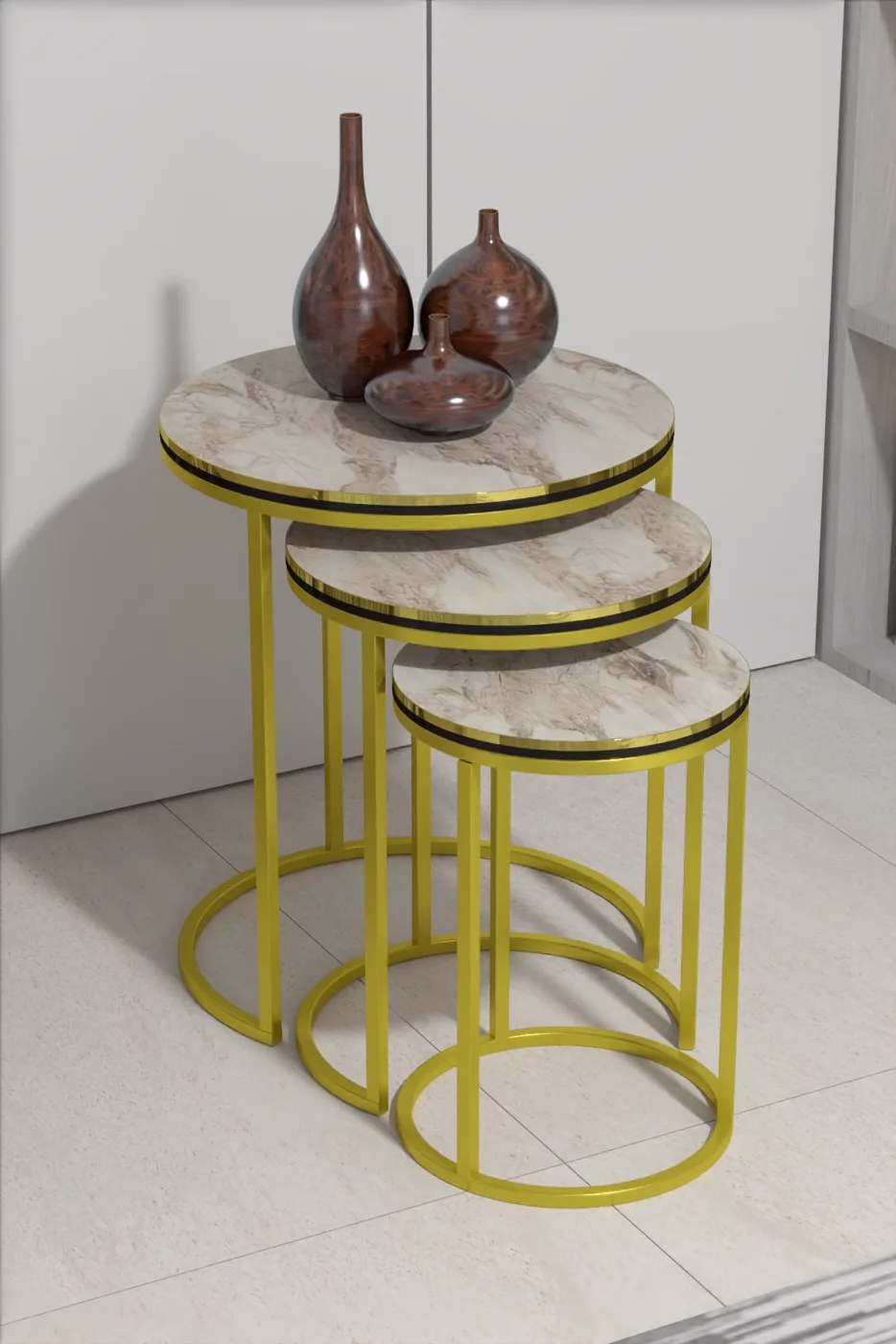 C 3-Piece Round Nesting Table Set - Marble Effect