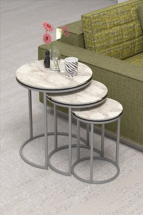 C 3-Piece Round Nesting Table Set - Two-Tone Efes Silver
