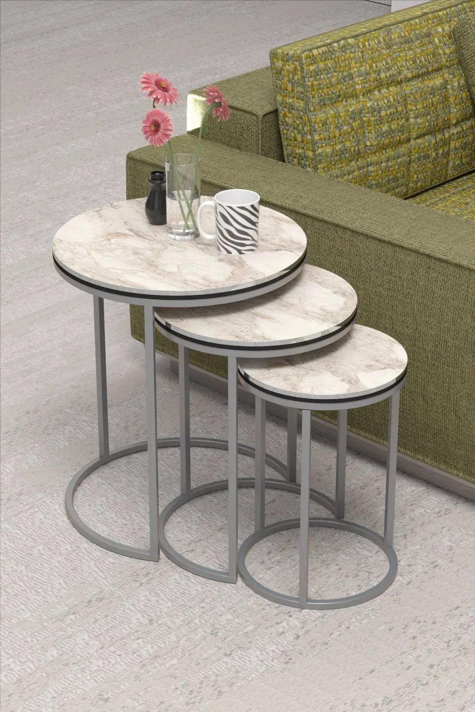 C 3-Piece Round Nesting Table Set - Two-Tone Efes Silver