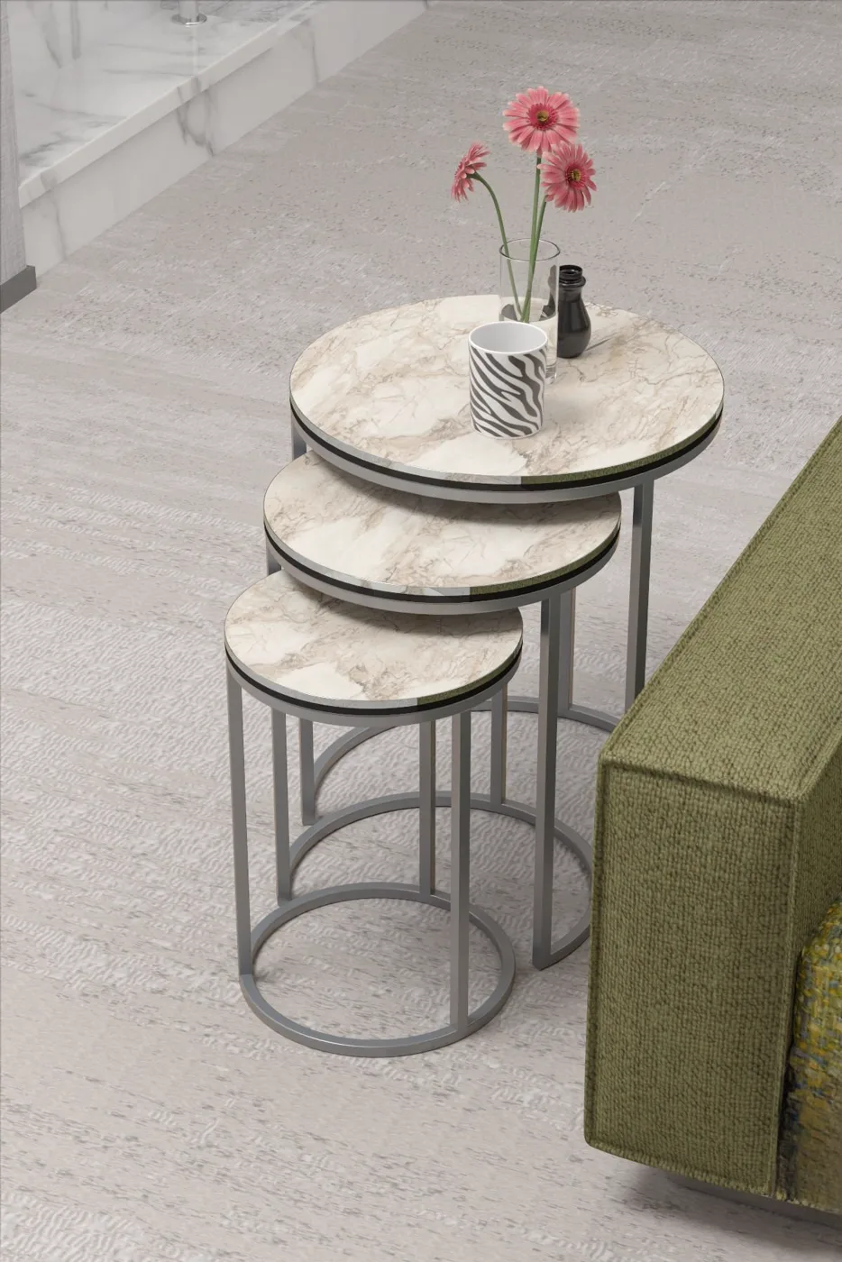 C 3-Piece Round Nesting Table Set - Two-Tone Efes Silver