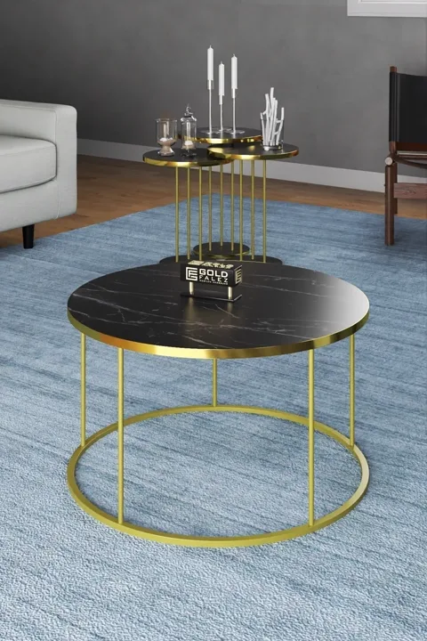 Terra Gold Runder Couchtisch & Satztisch-Set - Schwarze Marmoroptik