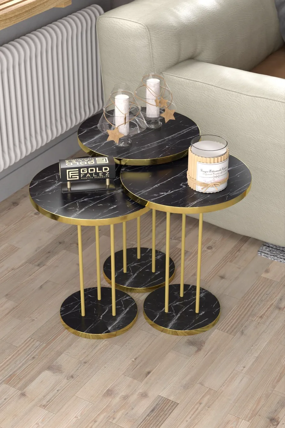 Terra Gold Runder Couchtisch & Satztisch-Set - Schwarze Marmoroptik