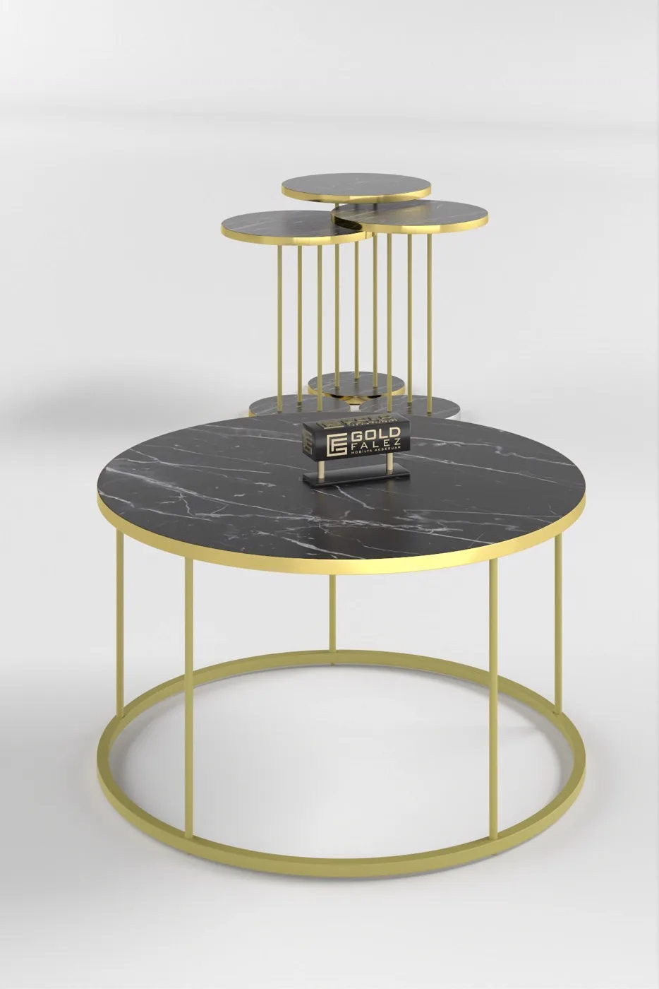 Terra Gold Runder Couchtisch & Satztisch-Set - Schwarze Marmoroptik