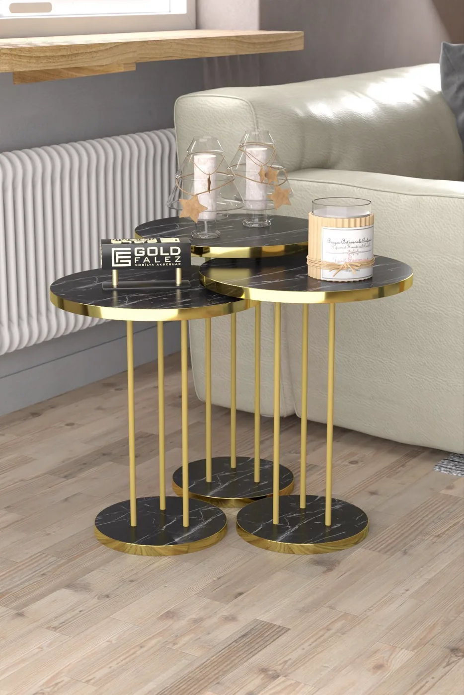 Terra Gold Runder Couchtisch & Satztisch-Set - Schwarze Marmoroptik