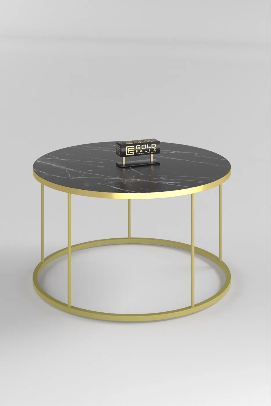 Terra Gold Runder Couchtisch & Satztisch-Set - Schwarze Marmoroptik