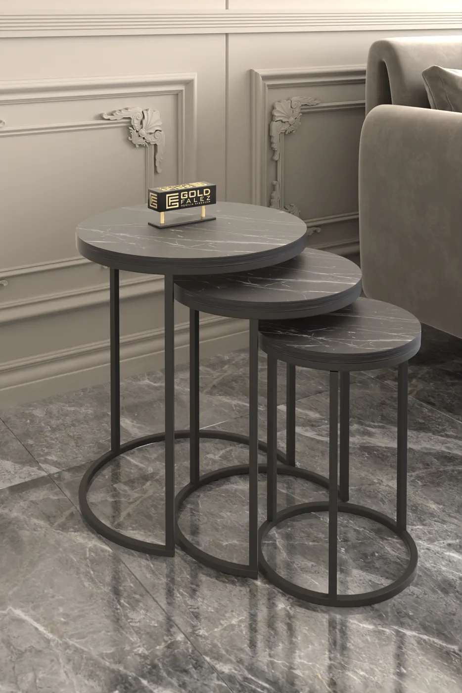 C 3-Piece Round Nesting Table Set - Black Marble Effect