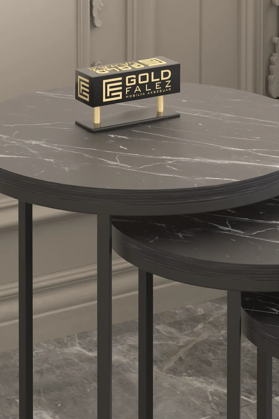 C 3-Piece Round Nesting Table Set - Black Marble Effect