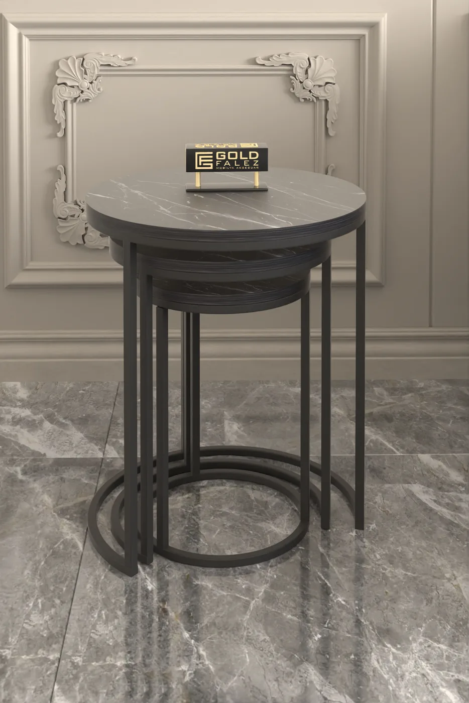 C 3-Piece Round Nesting Table Set - Black Marble Effect