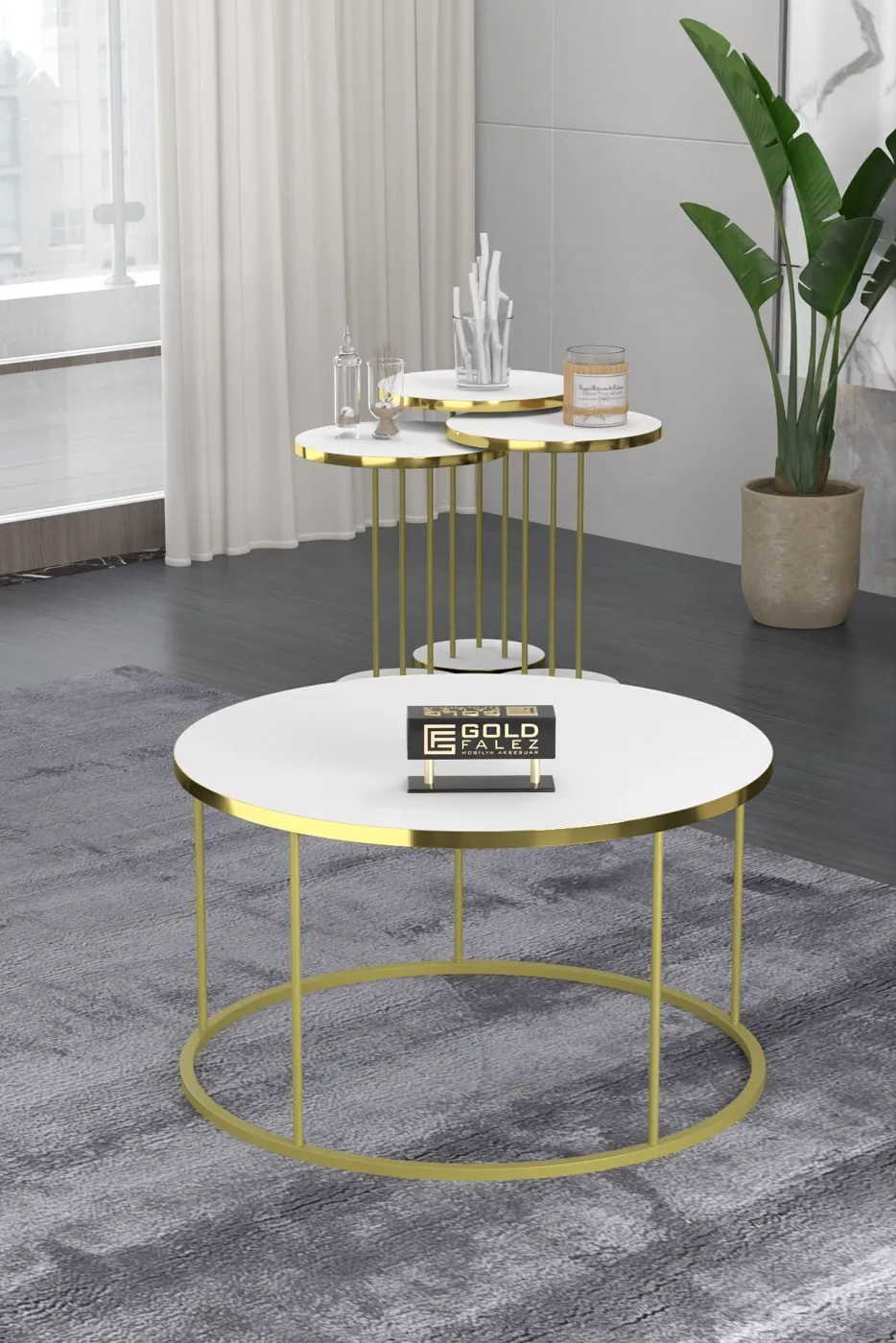 Terra Gold Runder Couchtisch & Satztisch-Set - Gold Weiß