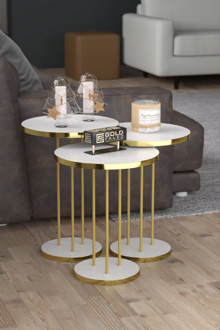 Terra Gold Runder Couchtisch & Satztisch-Set - Gold Weiß