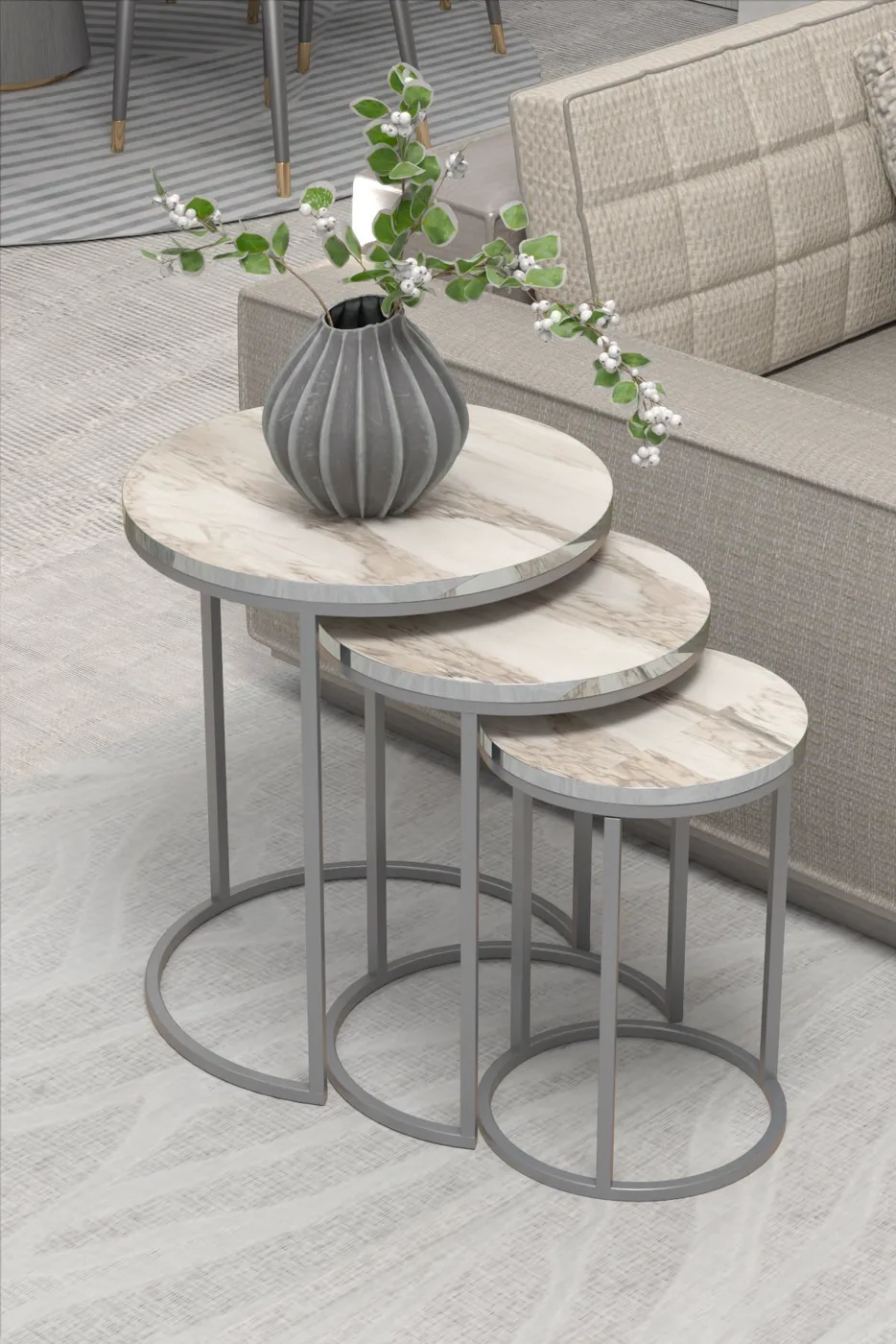C 3-Piece Round Nesting Table Set - White Marble Effect