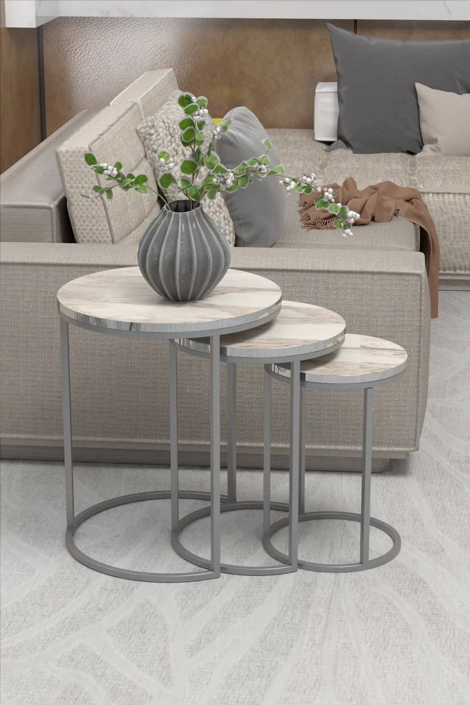 C 3-Piece Round Nesting Table Set - White Marble Effect