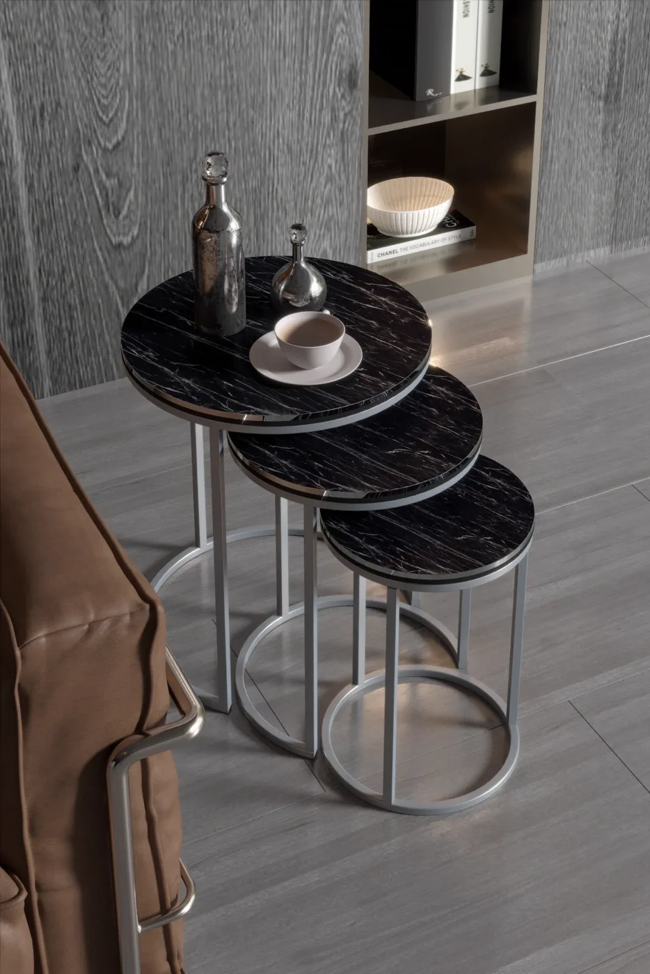C 3-Piece Round Nesting Table Set - Silver Marble Effect