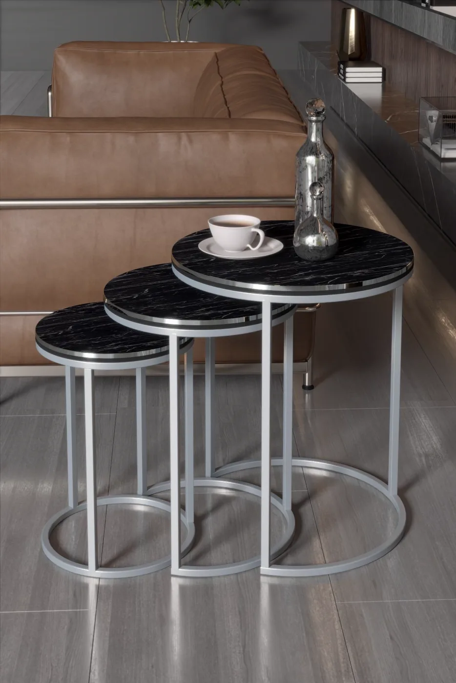 C 3-Piece Round Nesting Table Set - Silver Marble Effect
