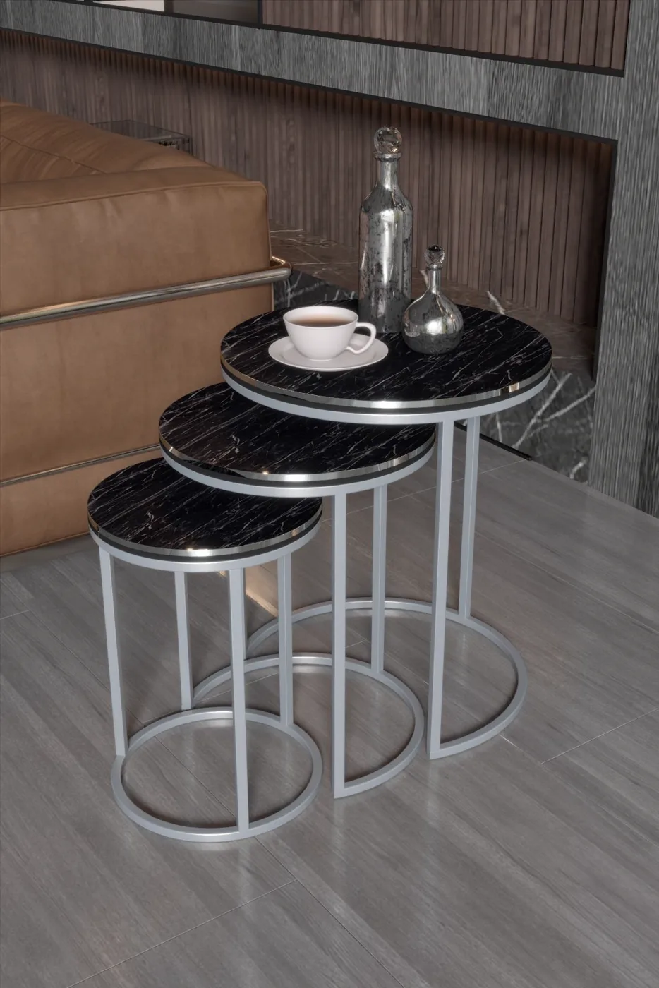 C 3-Piece Round Nesting Table Set - Silver Marble Effect