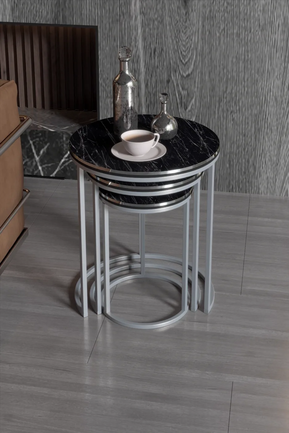 C 3-Piece Round Nesting Table Set - Silver Marble Effect