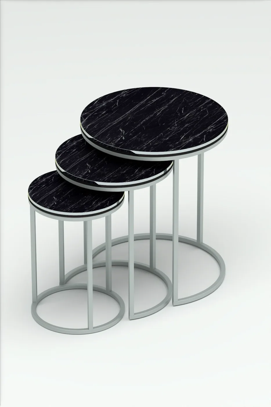 C 3-Piece Round Nesting Table Set - Silver Marble Effect