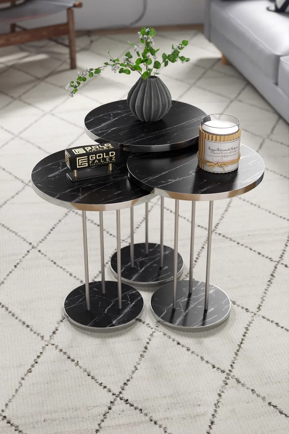 Terra Gold Round Coffee & Nesting Table Set - Silver Bendir