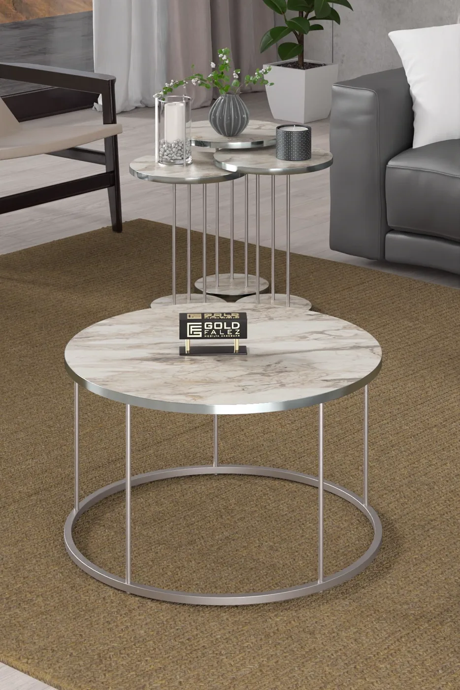 Terra Gold Runder Couchtisch & Satztisch-Set - Silber Efes