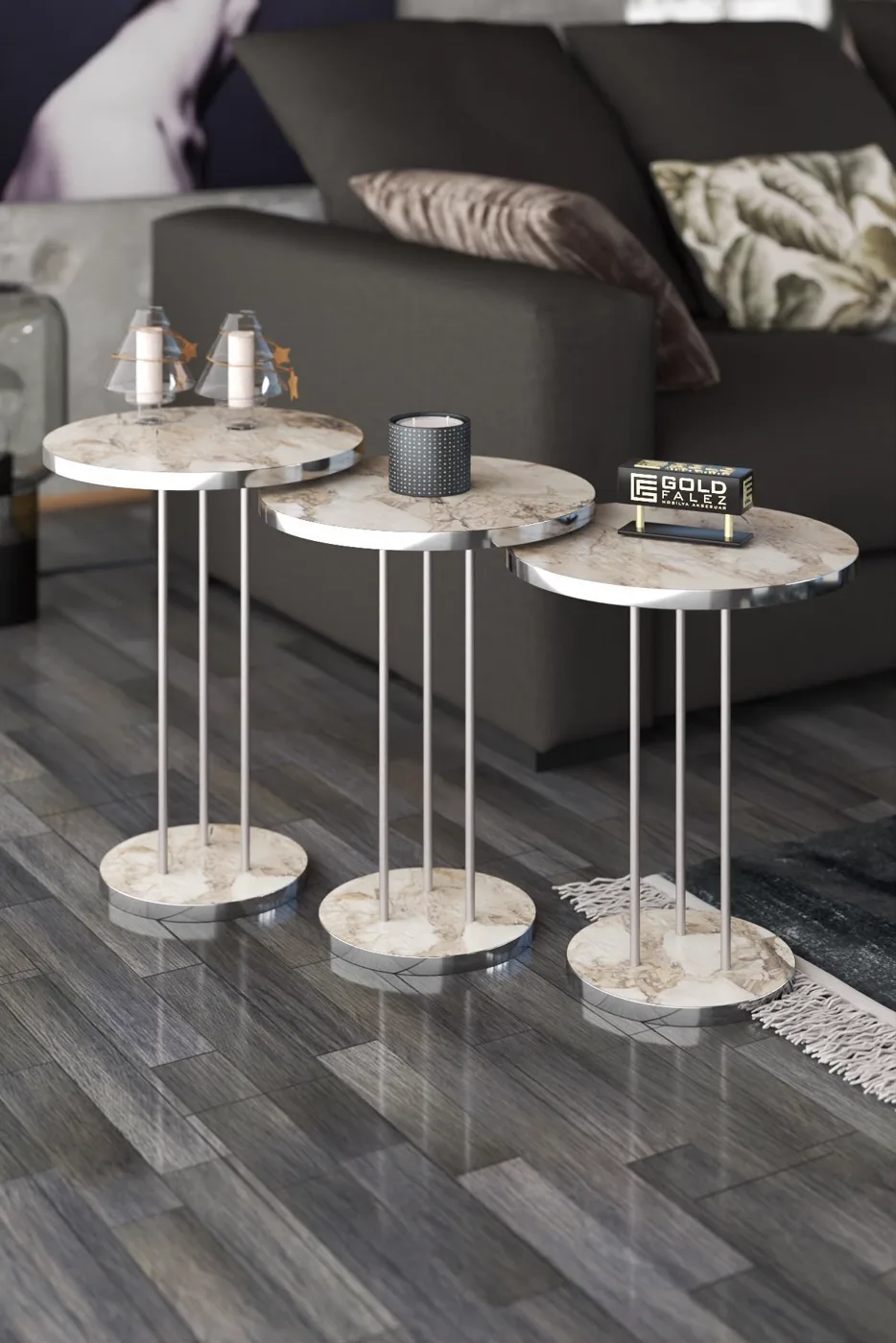 Terra Gold Runder Couchtisch & Satztisch-Set - Silber Efes