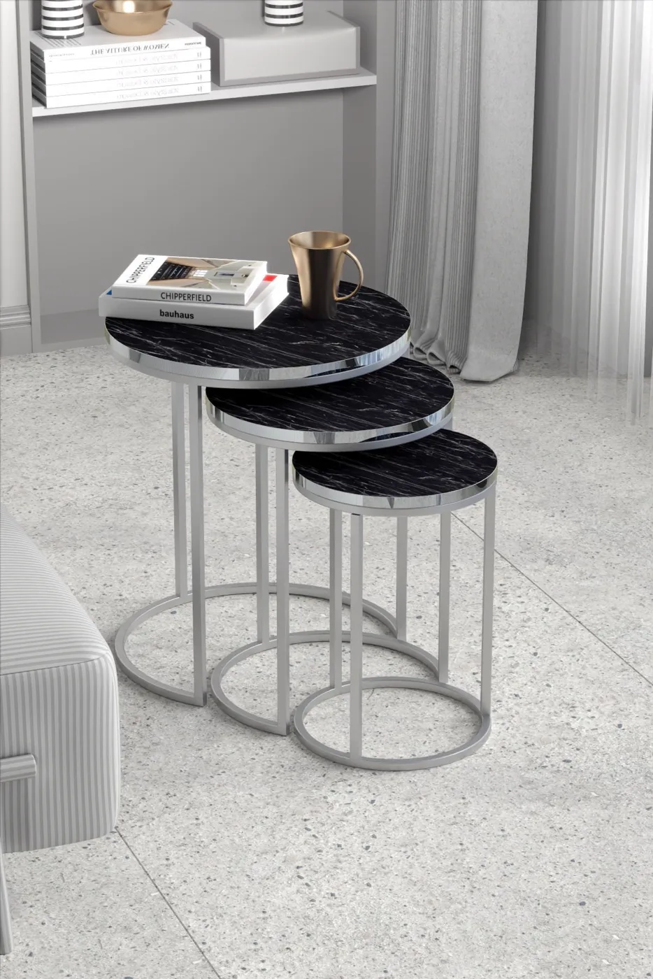 C 3-Piece Round Nesting Table Set - Silver Bendir