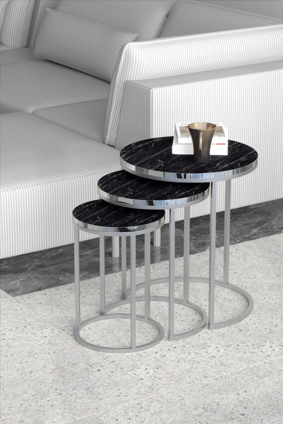 C 3-Piece Round Nesting Table Set - Silver Bendir