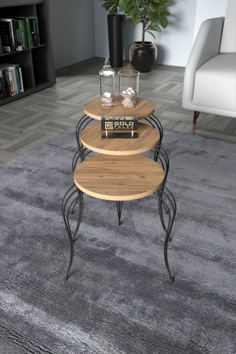 Lukens 3-Piece Round Nesting Table Set Metal Legs - Atlantic Pine