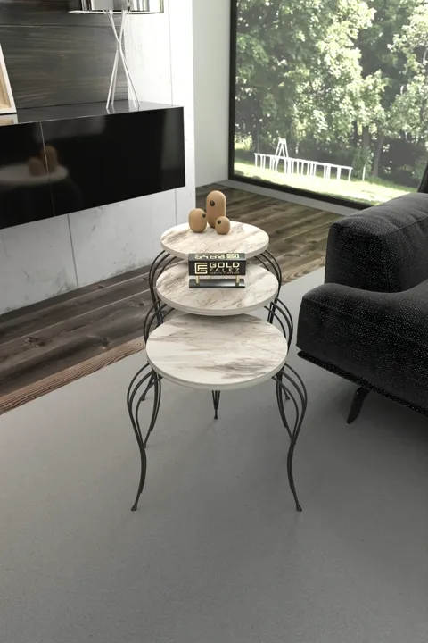 Lukens 3-Piece Round Nesting Table Set Metal Legs - White Marble Effect