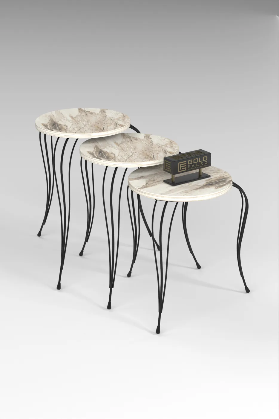 Lukens 3-Piece Round Nesting Table Set Metal Legs - White Marble Effect