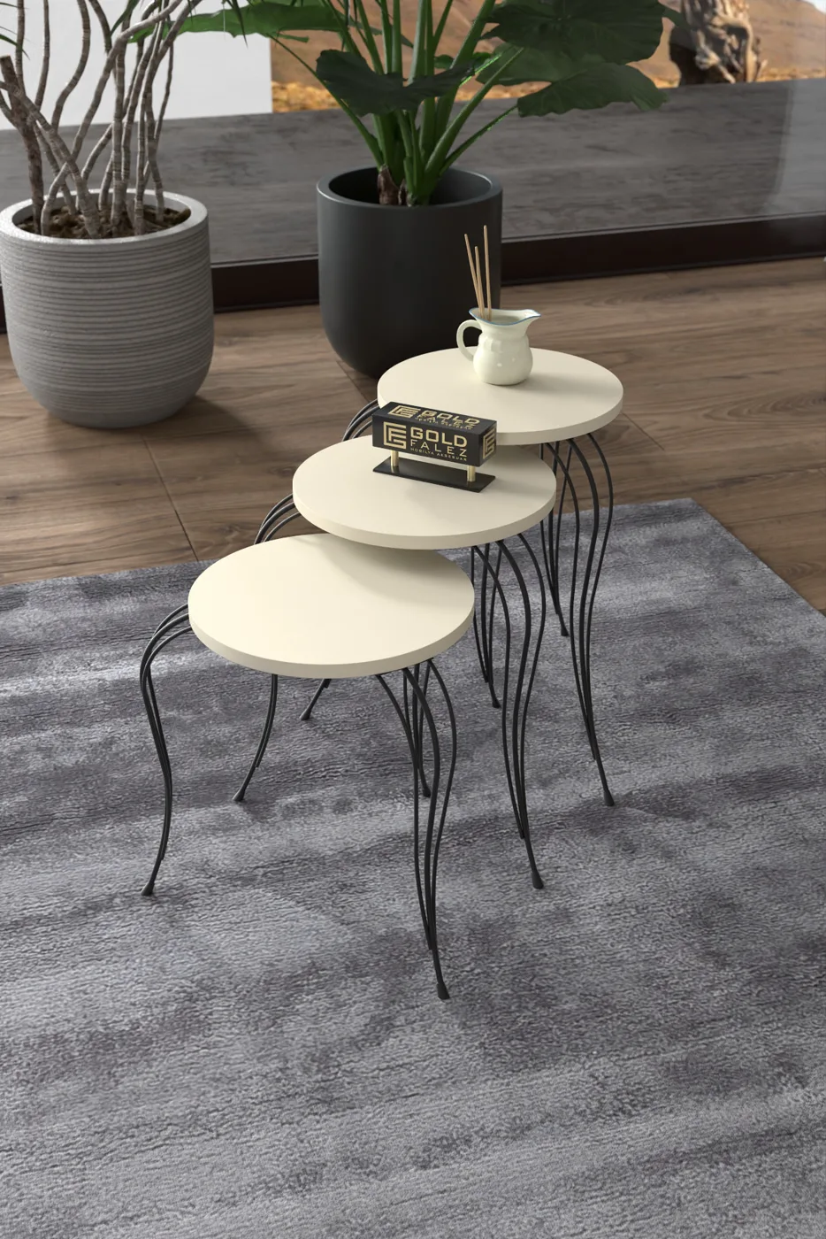 Lukens 3-Piece Round Nesting Table Set Metal Legs - Cream