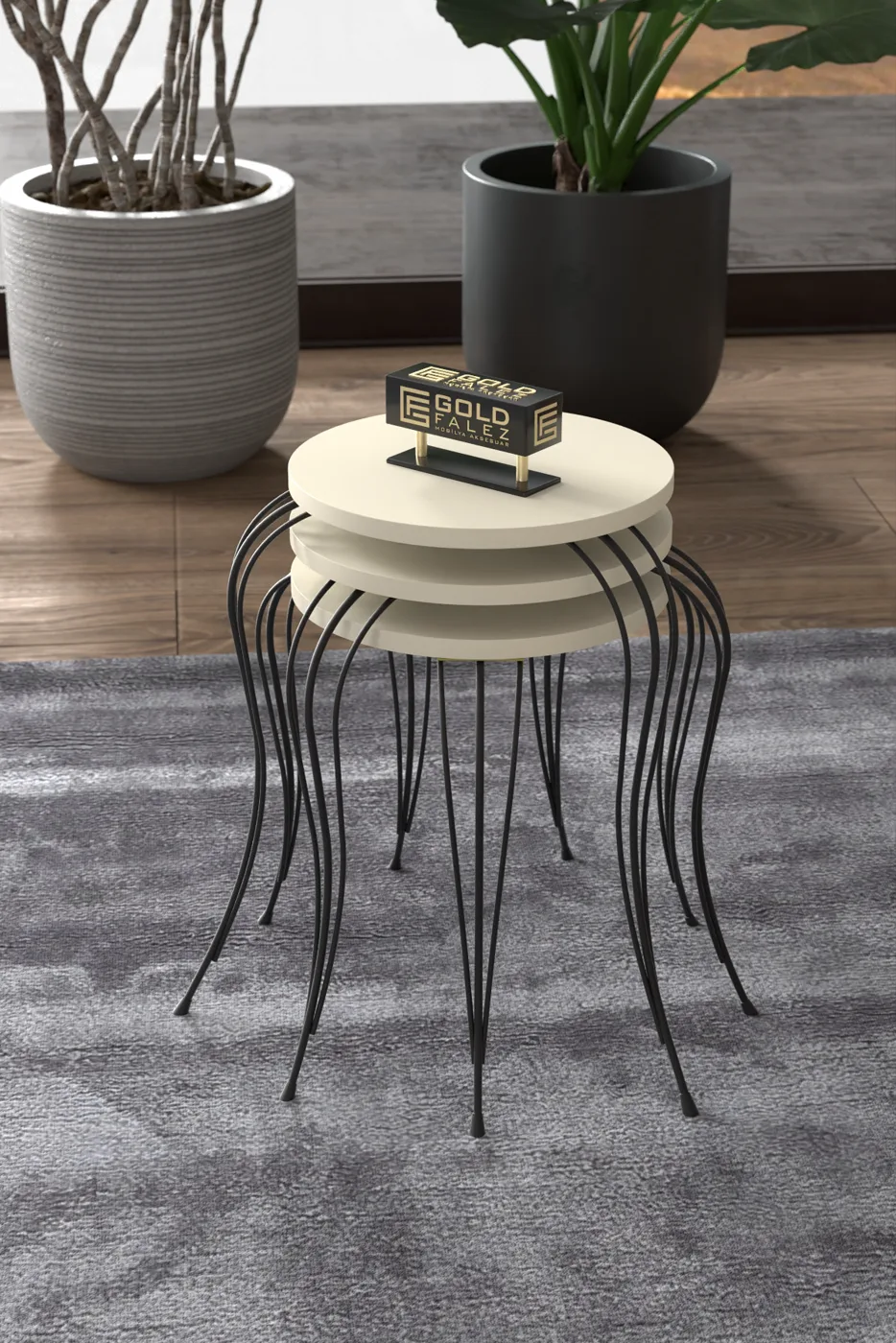 Lukens 3-Piece Round Nesting Table Set Metal Legs - Cream
