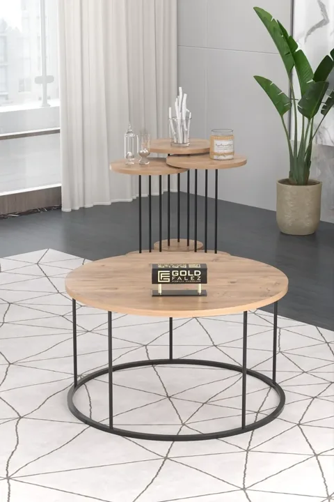 Terra Round Coffee & Nesting Table Set Black Metal Legs - Walnut Atlantic