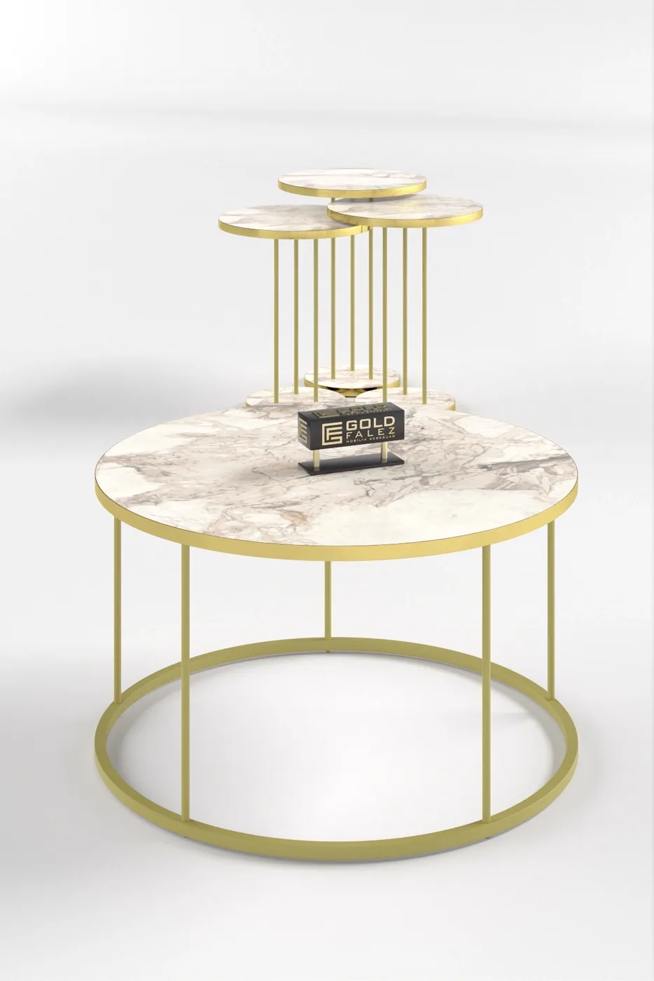 Terra Gold Runder Couchtisch & Satztisch-Set - Gold Weiß Marmor