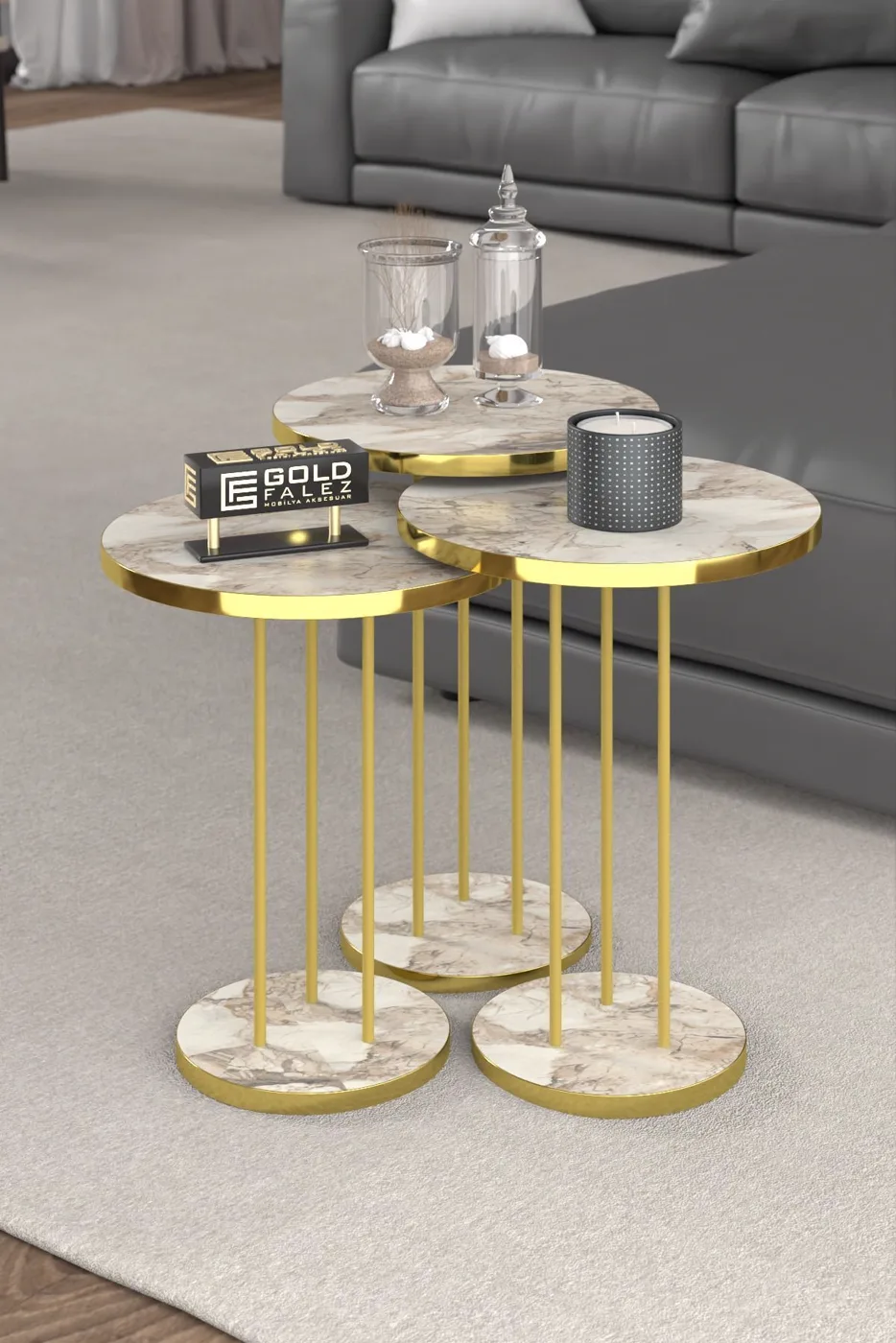 Terra Gold Runder Couchtisch & Satztisch-Set - Gold Weiß Marmor