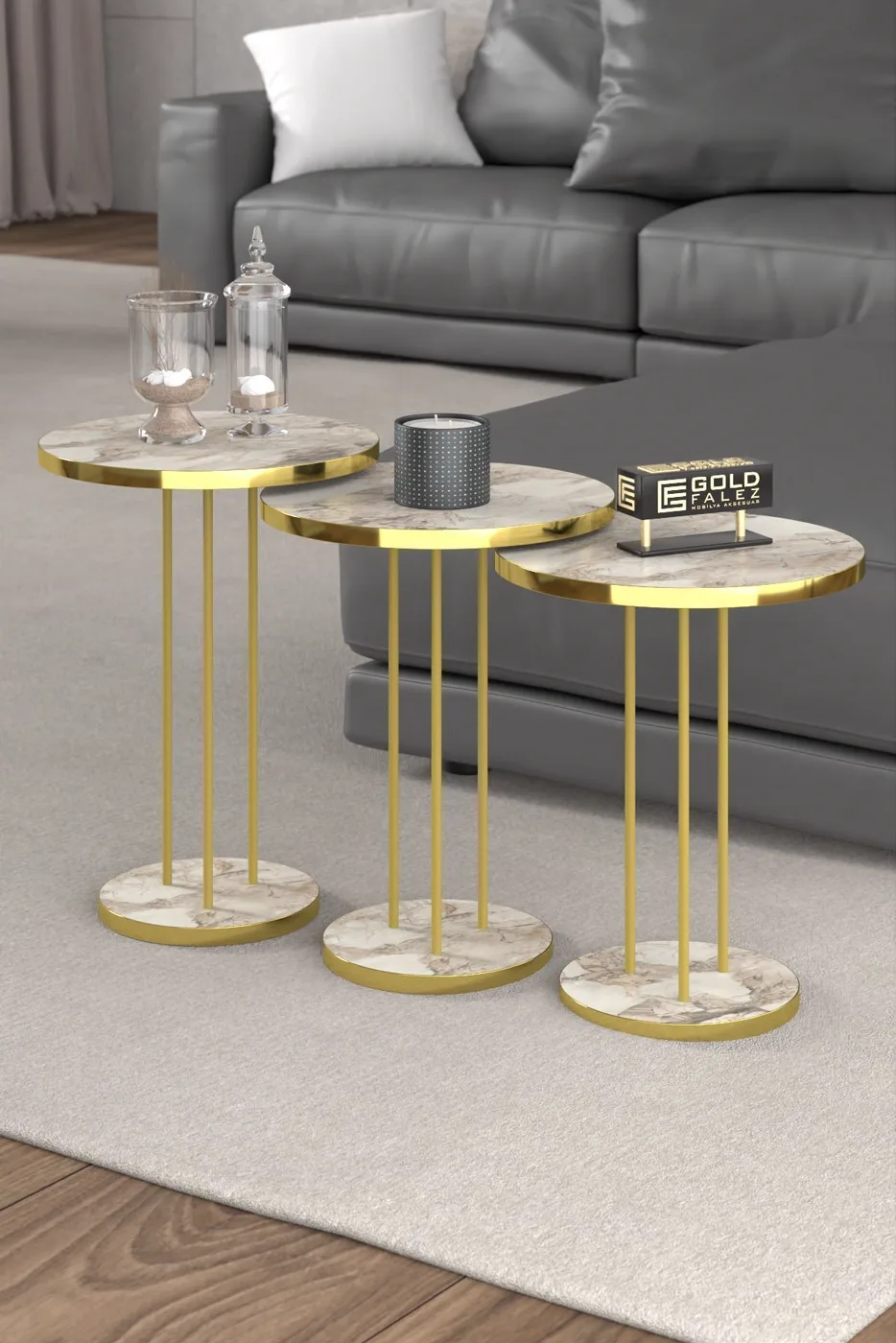 Terra Gold Runder Couchtisch & Satztisch-Set - Gold Weiß Marmor