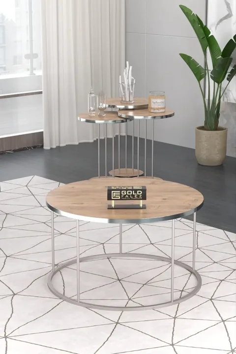 Terra Gold Round Coffee & Nesting Table Set - Silver Walnut