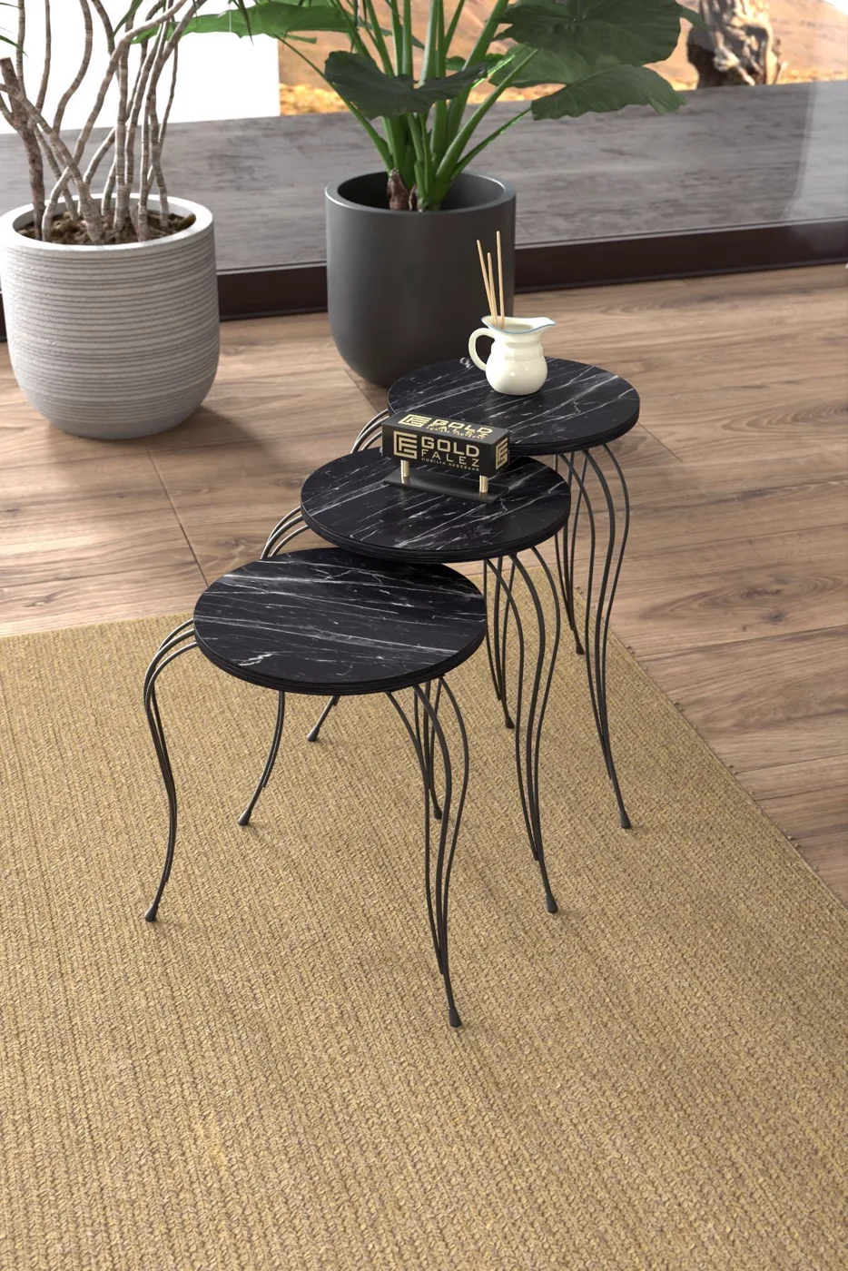Lukens 3-Piece Round Nesting Table Set Metal Legs - Black Marble Effect